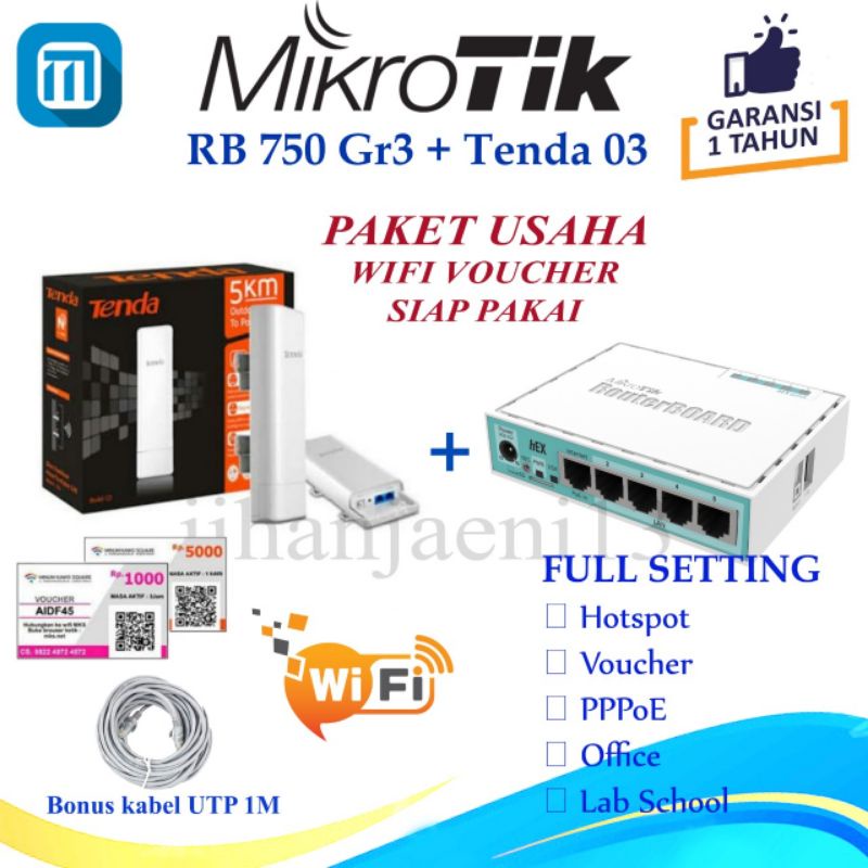 Mikrotik RB750 Gr3 + Tenda 03 Outdoor Full Setting Hotspot Voucher Wifi