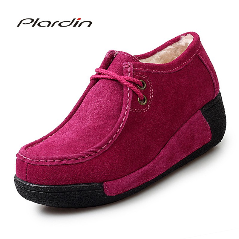 Plardin New Women Flats Platform Shoes Suede Leather Lace Up Women Moccasins Creepers Slipony