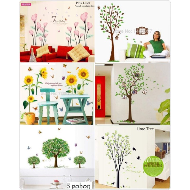 Wallsticker Sticker Hiasan Dinding Motif Bunga Rumput Gantung Kaktus Sukulen Sakura Sunflower Tulip Lily 60x90cm