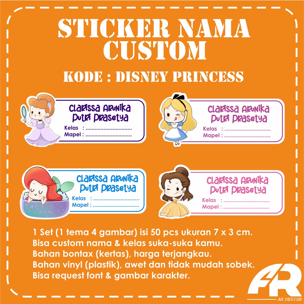 

Sticker Label Nama Buku Custom Tempelan Lucu - Disney Princess