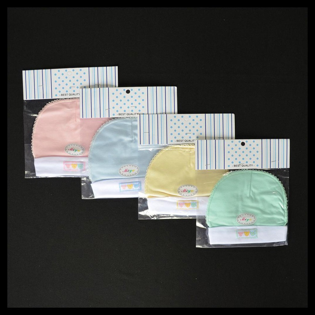 MIYO Topi Bulat Bayi/Baby Putih List Newborn (0-3M)| Perlengkapan Bayi Baru Lahir / Topi Bayi