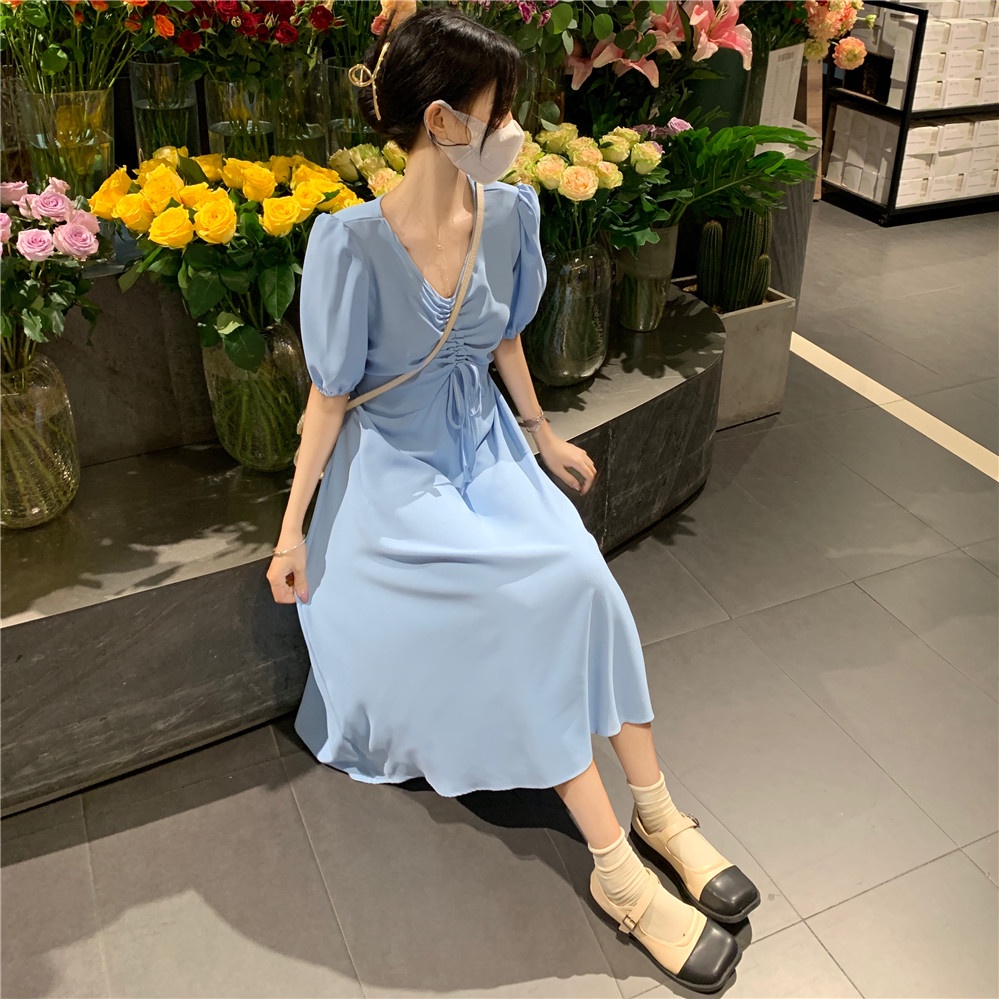 pakaian wanita korea daster kerut dada COD 2022 New Fashion Korean Style Short Sleeve Drawstring V Neck Midi Dress polos for Women Summer Black Blue solid color A-Line Casual Dresses wanita 2023 korea sexy murah