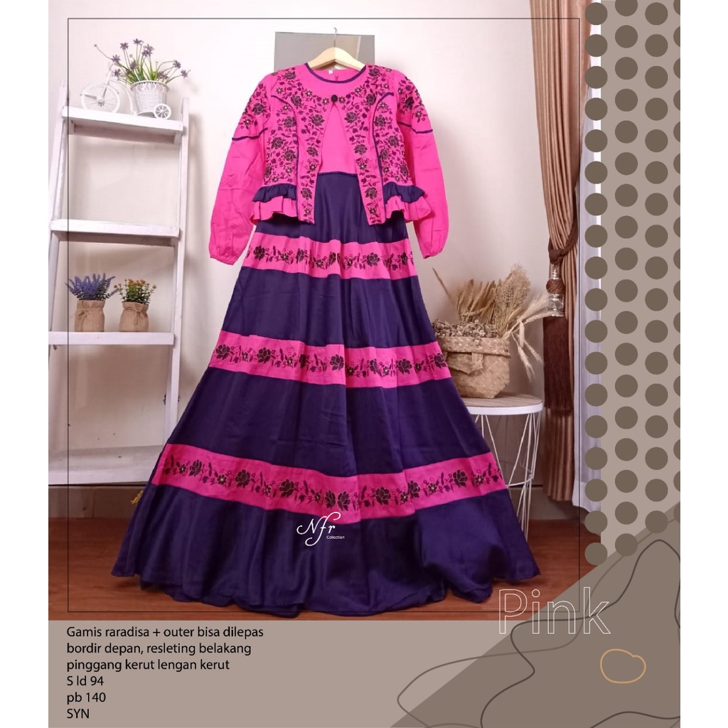 gamis+outer bordir raradisa model rok susun/ canda/umpak XL ld 110 S ld 94