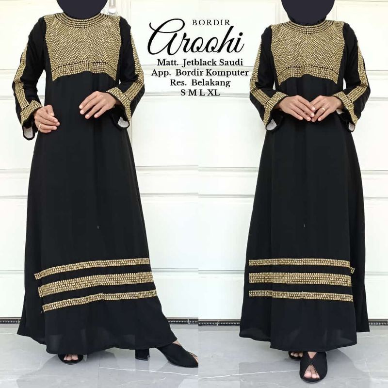 abaya gamis hitam arab jubah gamis maxi bordir aroohi jetblack saudi ori