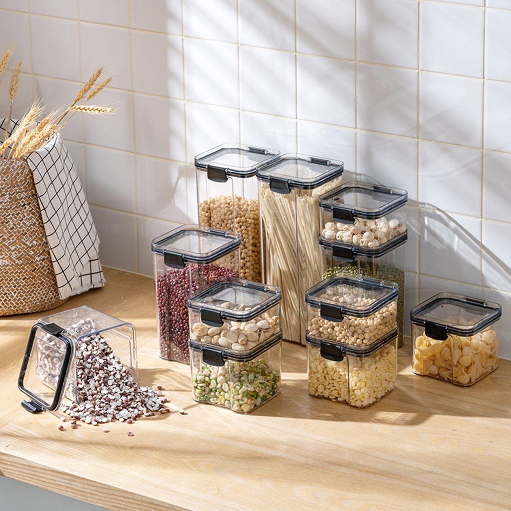 [Elegan] Food Canister Kitchen Grain Kedap Udara Stackable Dengan Tutup Plastik Organizer Kaleng Tetap Segar Toples