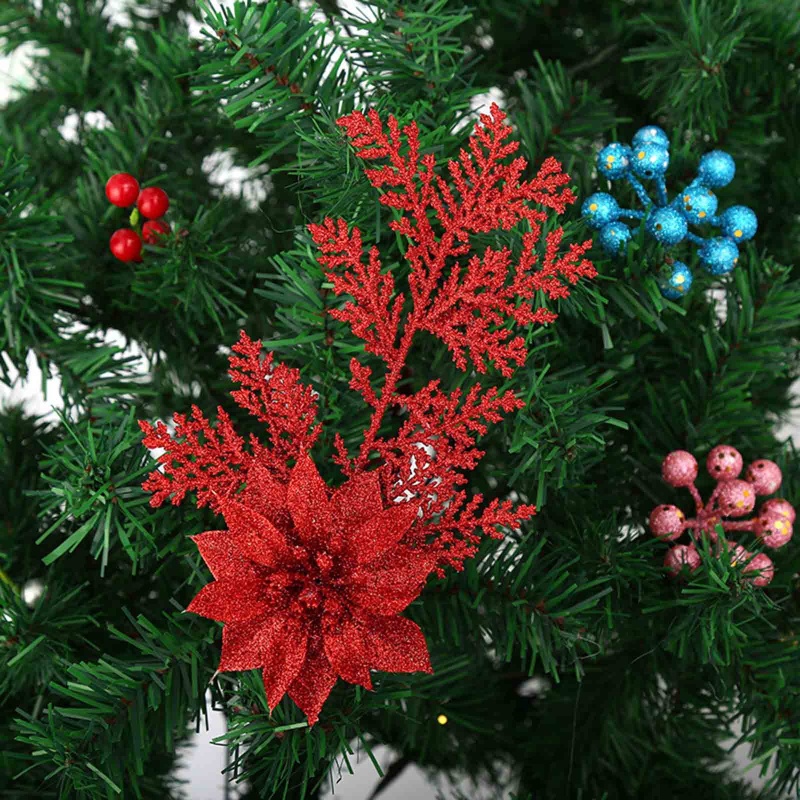 Ornamen Cabang Bunga Poinsettia Daun Pinus Buatan Aksen Glitter Untuk Pohon Natal