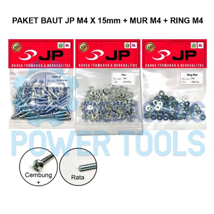 PAKET 3 SET JP M 4x15 BAUT MUR RING PLAT M 4 x 15 MUR M4 ISI 100 PCS