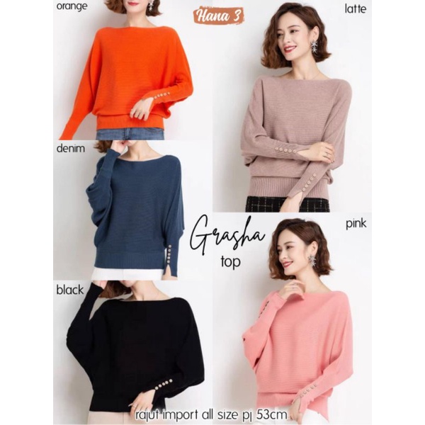 GRASHA TOP • OSI #2 TOP  BY NURA  HANA BLOUSE BATWING RAJUT IMPORT HALUS