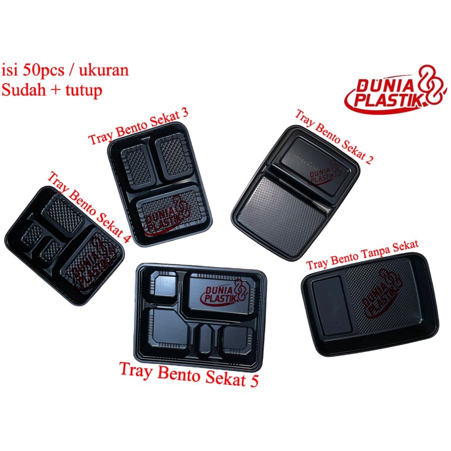 isi50pcs mika TRAY BENTO SEKAT + tutup partisi sushi kotak box tempat kemasan lunch box plastik beka