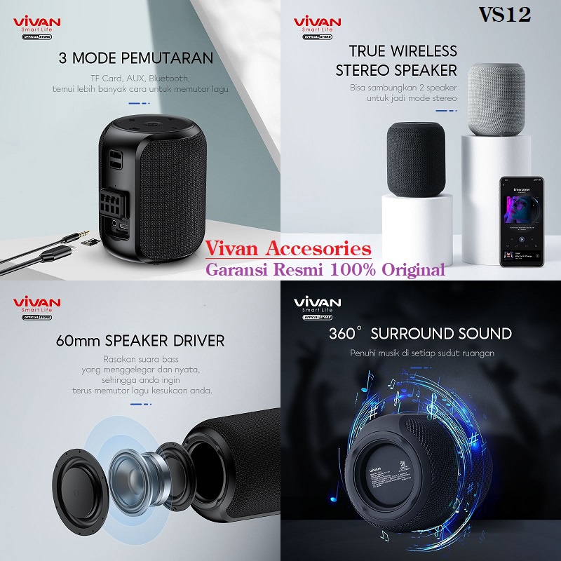 VIVAN VS12 Bluetooth Speaker Surround Sound 360° Waterproof IPX6