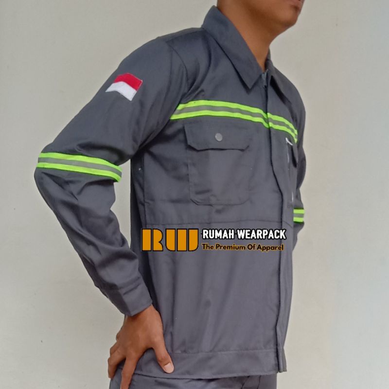 Baju Kerja/ Wearpack Proyek/ Segaram Kerja Kantong HP Atasan Warna  Abu Tua