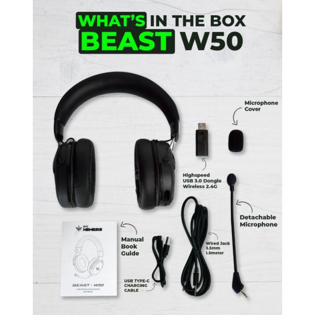 HEADSET GAMING BEAST-W50 WIRELESS  NYK NEMESIS ORIGINAL