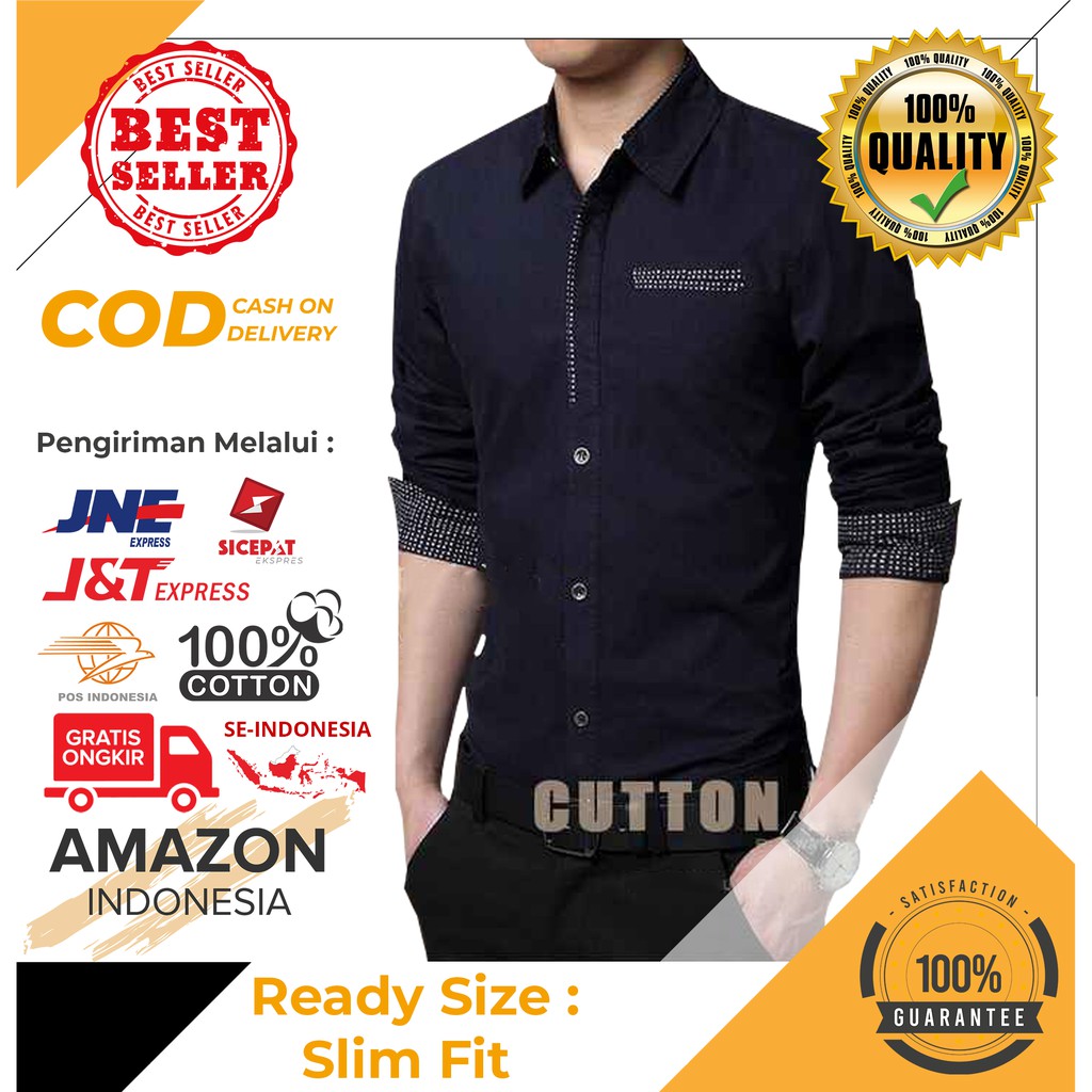 KEMEJA BAJU HEM PRIA COWOK BAHAN KATUN STRECH WARNA HITAM HARGA MURAH TEBAL TIDAK GERAH PREMIUM