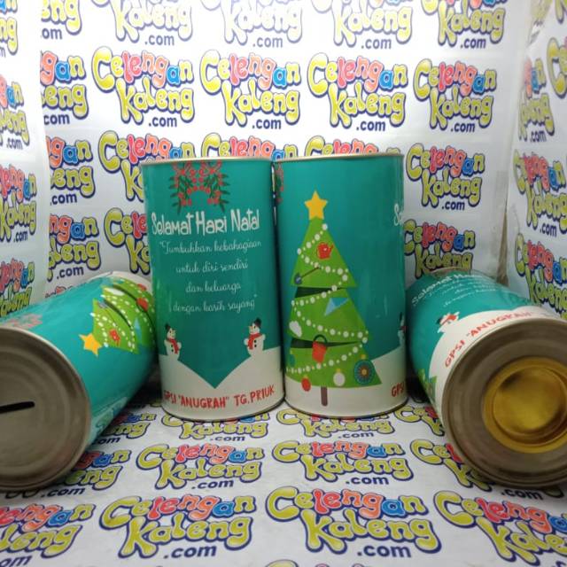 Celengan Kaleng Custom Souvenir – Tinggi 17cm Ø8,5cm – Buka Tutup Bawah – Min 24pcs