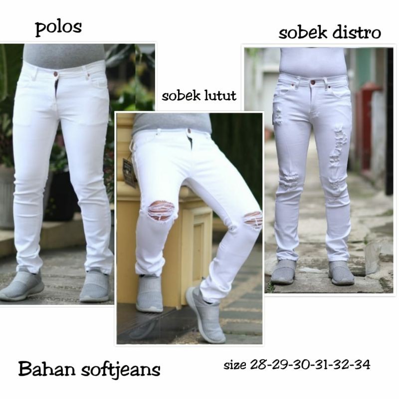 Jeans Putih Celana Pria Jeans Ripped Arm-Man Sobek Polos