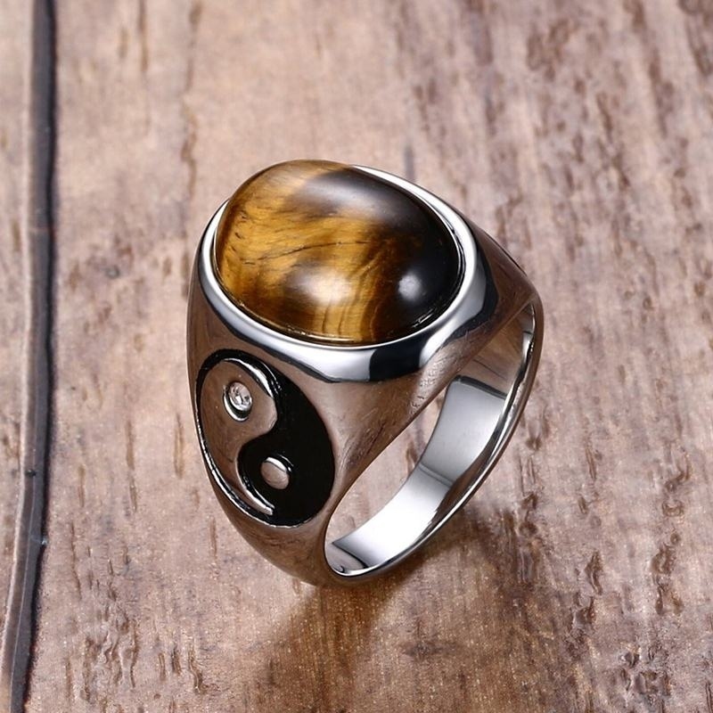 Cincin Batu Permata Oval Simbol Yin Yang Gaya Retro Untuk Pria