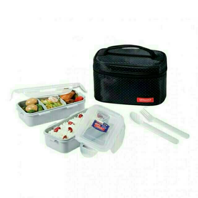 Lock &amp; Lock lunch Box 2 Pcs with Bag &amp; Spoon Fork Set kotak bekal Estetik Lock n Lock HPL752 HPL762