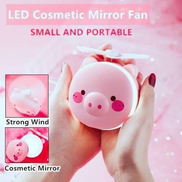 LED Mirror 3in1 Cermin Make Up Mini LED Mirror Fan Portable