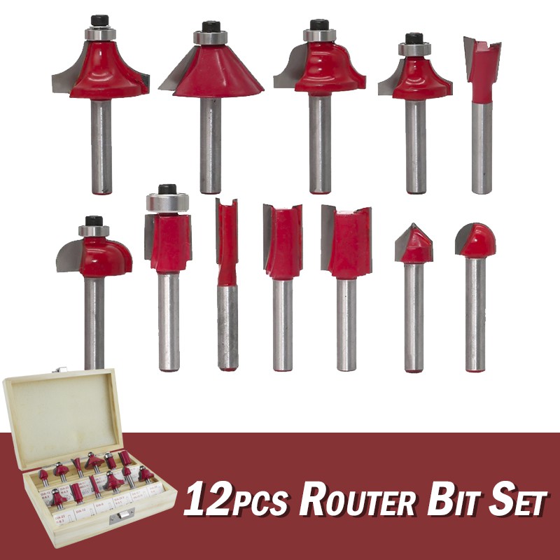 Suksestech Router Bit Set 12 Pcs Mata Mesin Profil  1/4 Box Kayu Lengkap 270401