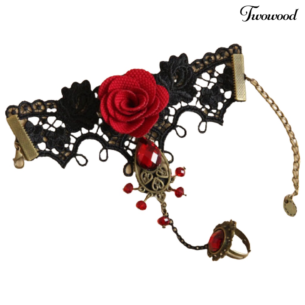 Twowood Rose Decor Black Lace Ring Bracelet Women Faux Gem Faux Pearl Ring Hand Chain Jewelry Accessory