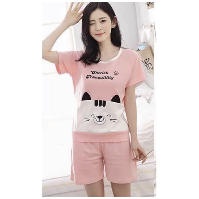 PIYAMA CEWEK KAOS IMPORT SETELAN HOTPANTS SIZE M BAJU TIDUR MOTIF CUTE CELANA PENDEK