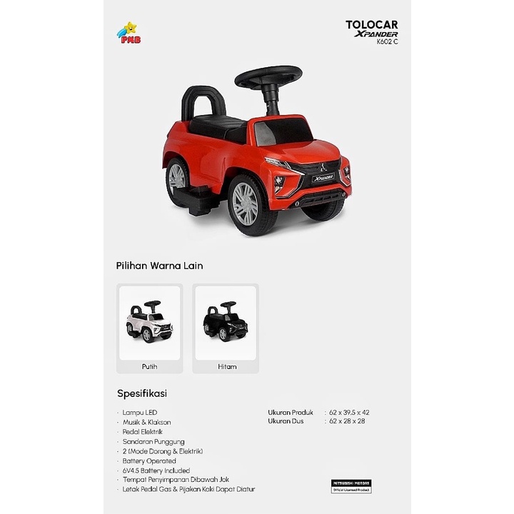 Mobil Aki Anak Mitsubishi Xpander  2 in 1 Fungsi Jalan Elektrik dan Dorong K602C Berlisensi Resmi