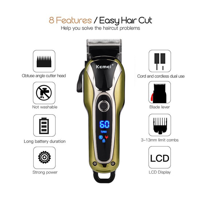 Kemei KM 1990 Alat Cukur Rambut Turbo Power Hair Clipper Professional Cordless Mesin Cukuran KM-1990