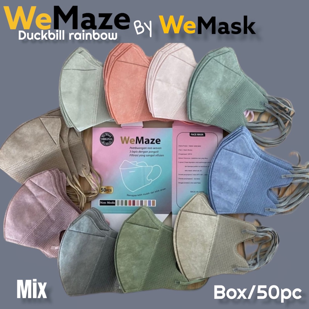 PROMO MURAH WEMASK WEMAZE~ MASKER DUCKBILL WEMASK BOX ISI 50  BARU 3PLY GARIS POLOS HITAM PUTIH RAINBOW MIX FACEMASK