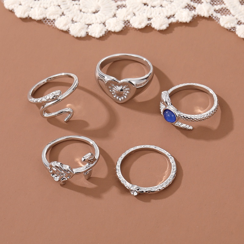 5pcs Cincin Metal Adjustable Desain Ular Hias Kristal Berlian Imitasi Biru Vintage Untuk Wanita