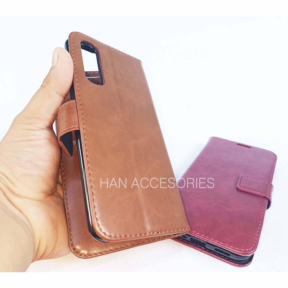 (PAKET HEMAT) Fashion Selular Flip Leather Case REALME 7/7 PRO/C11/C12/C15  Flip Cover Wallet Case Flip Case + Nero Temperred Glass