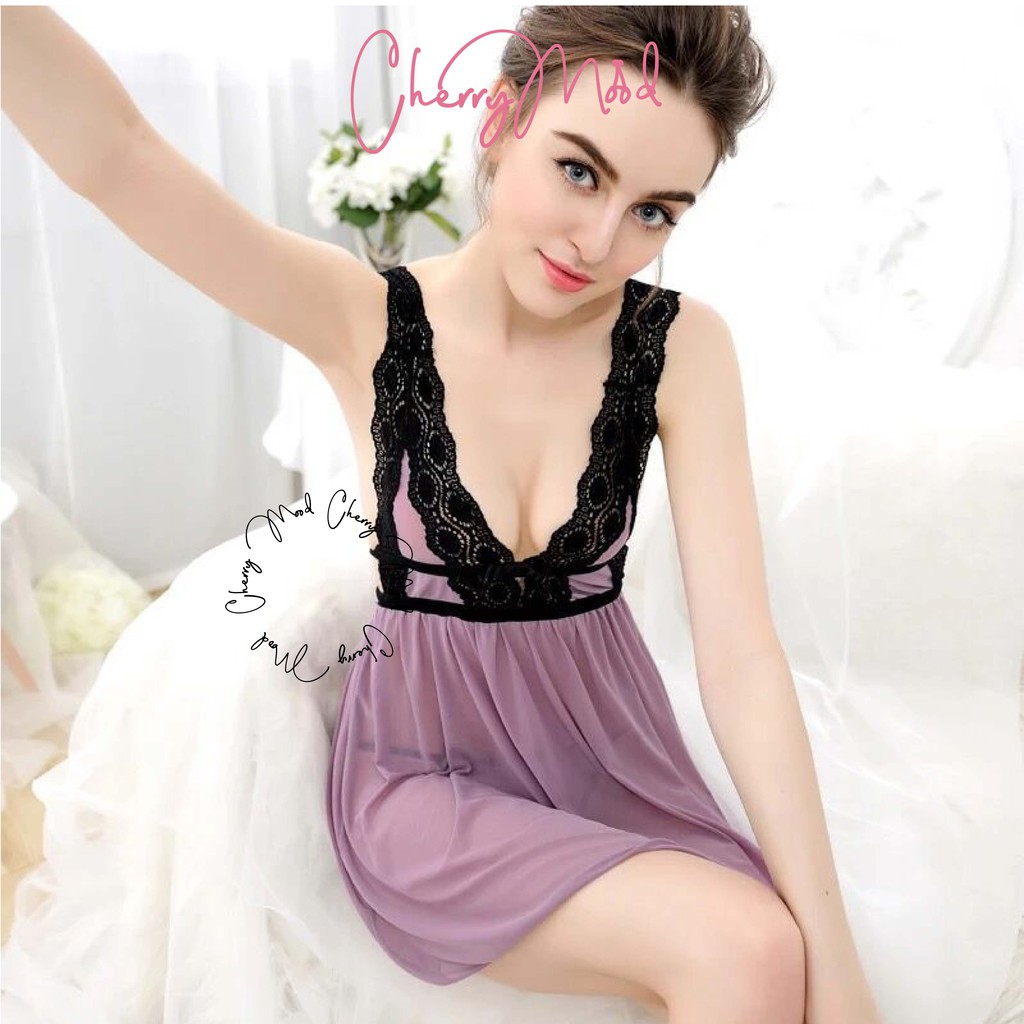 BOUGENVILL Lingerie Sexy Model V-Neck Motif Renda Transparan Baju Tidur Wanita Piyama Seksi Baju Dinas Depan Suami Sleepwear Gstring Termurah Baju Malam Pertama Terbaru Pakaian Dalaman Wanita-4