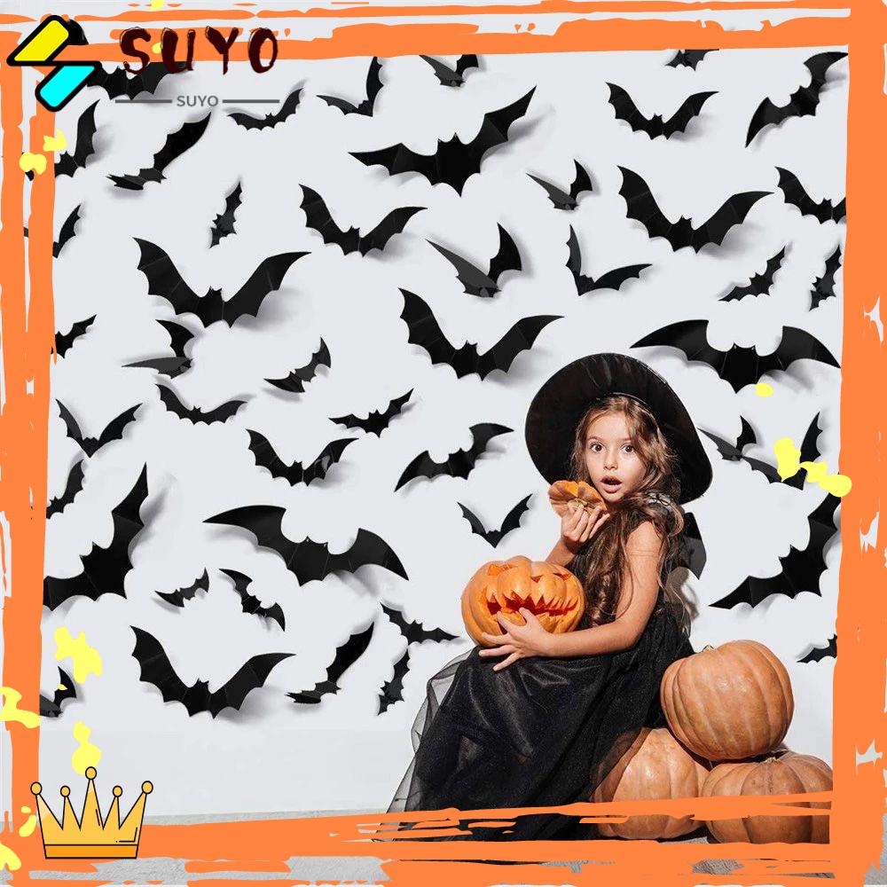 Suyo 72PCS Stiker Dinding Bahan PVC Warna Hitam Untuk Dekorasi Halloween