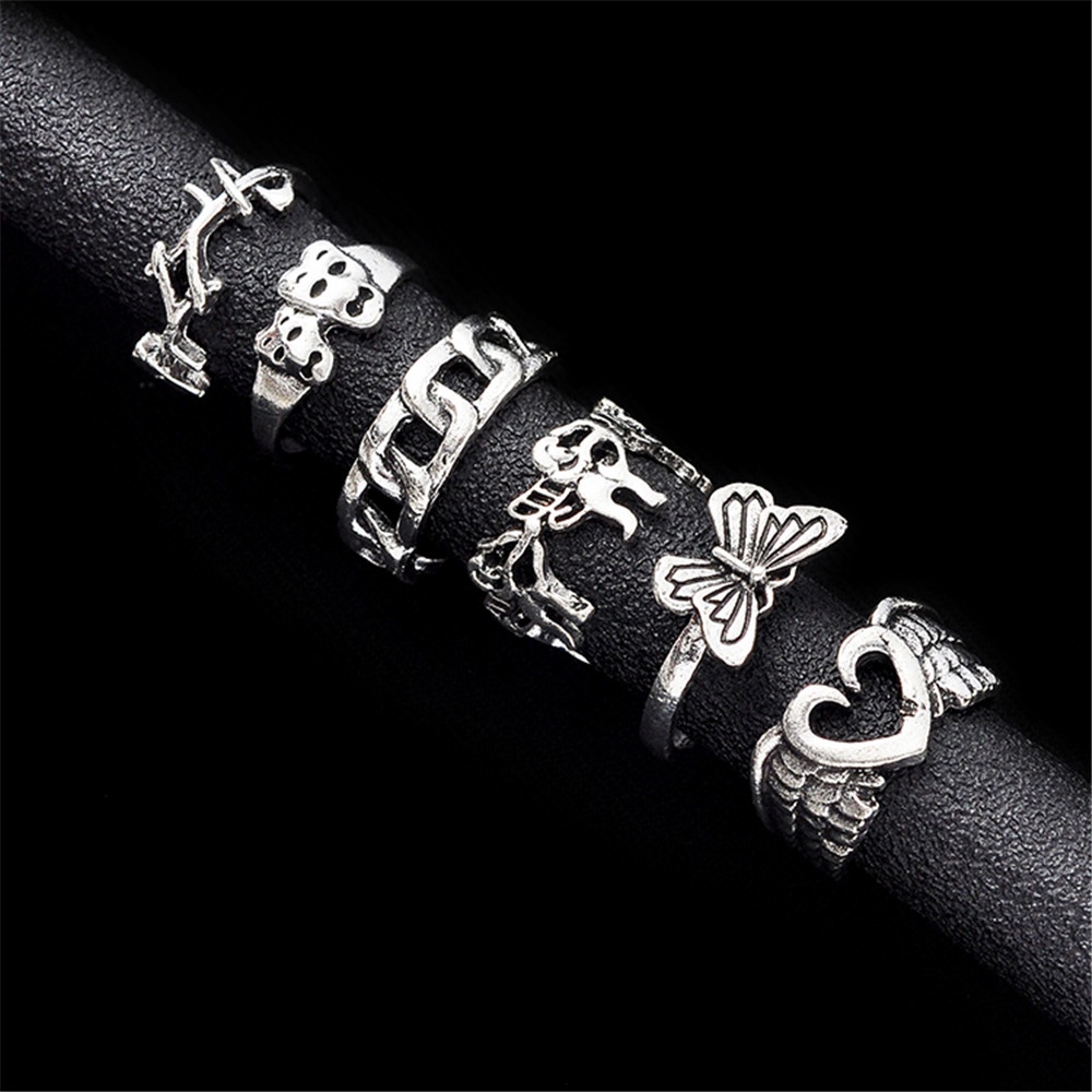 【COD Tangding】6pcs / Set Cincin Silver Joint Model Kupu-Kupu Hati Gaya Retro Kuno Untuk Aksesoris Perhiasan