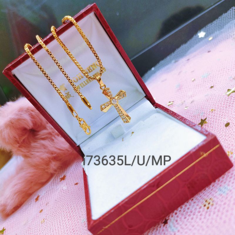 Klaung Set Liontin Salib Titanium Anti Karat Lapis Emas 635L/U