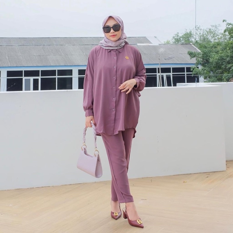 DYN  Basic Anara set Part 6- One Set Atasan + Celana Crinkles-Mauve