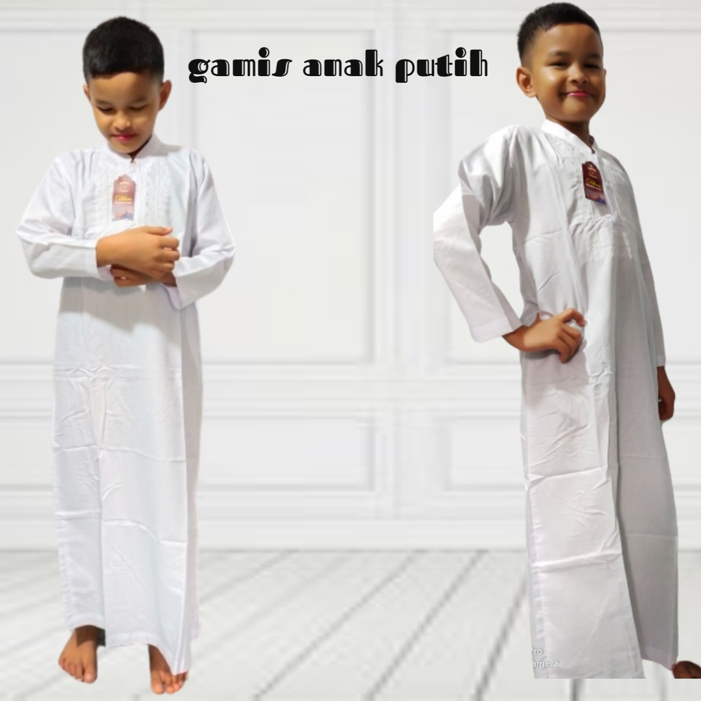 gamis putih anak size 5-15 tahun bahan katun motif bordir