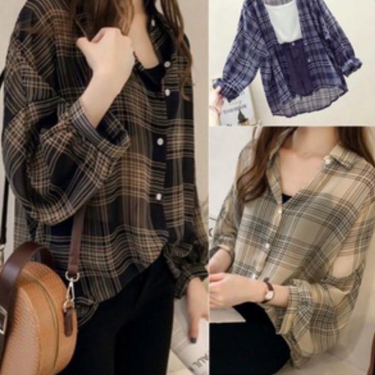 New BAJU ATASAN KEMEJA WANITA JUMBO OVERSIZE LD 100cm XL KOTAK KOTAK KATUN KOREAN STYLE FASHION KORE