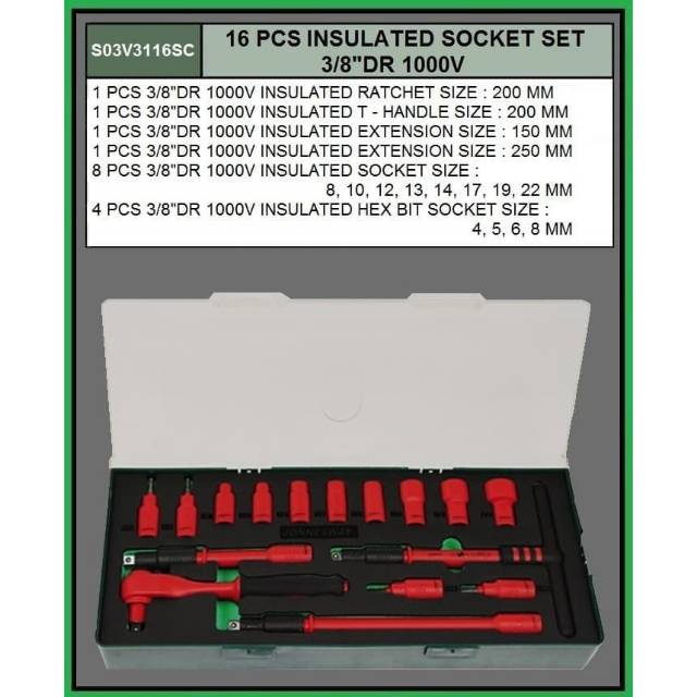 JONNESWAY 16 PCS INSULATED SOCKET SET 3/8”DR 1000 V - S03V3116SC