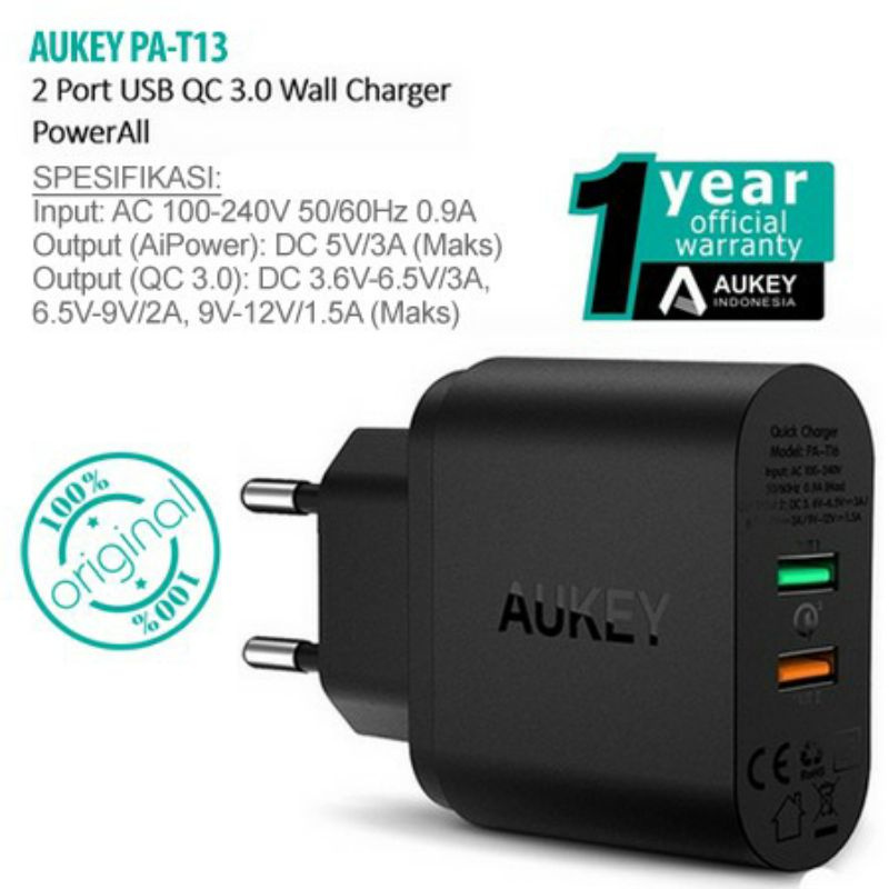 Aukey Charger 2 USB Port Quick Charge 3.0