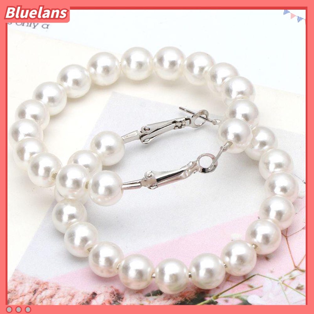 Bluelans Anting Hoop Juntai Bentuk Lingkaran Besar Aksen Mutiara Tiruan Gaya Elegan Untuk Wanita