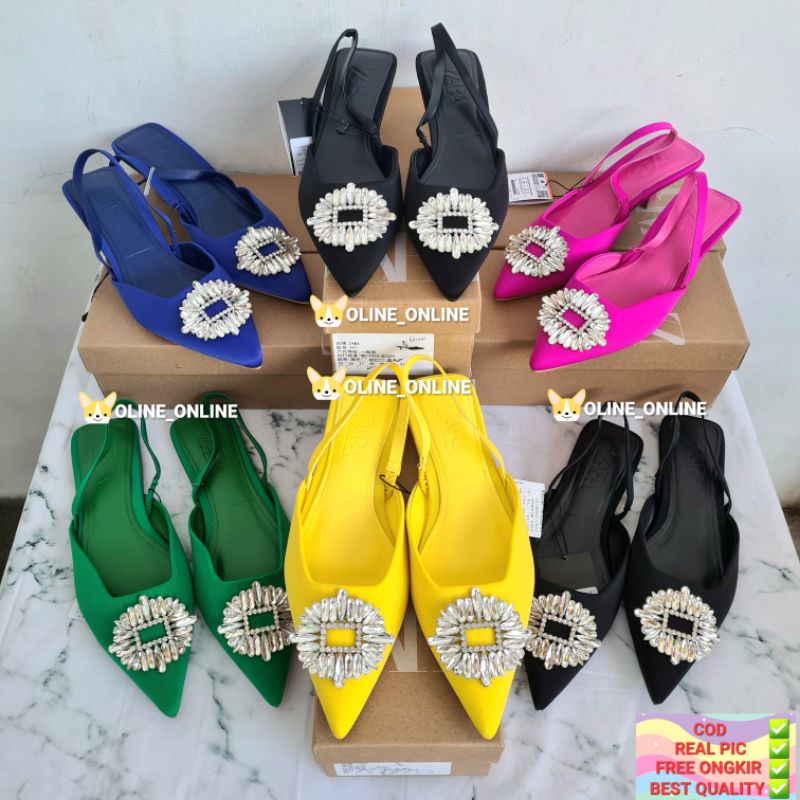 Sandal slip on crystal selop heels and flat colorful green blue black pink fuschia yellow highheels tali belakang sepatu big pretty rhinestone sandal shoes