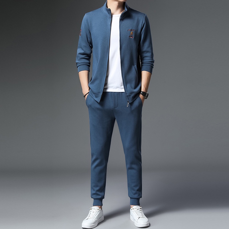 2021  Leisure Suit Pria Muda Tren Fashion Stand-Up Kerah Tipis Cardigan Mantel Pakaian two-Piece Set