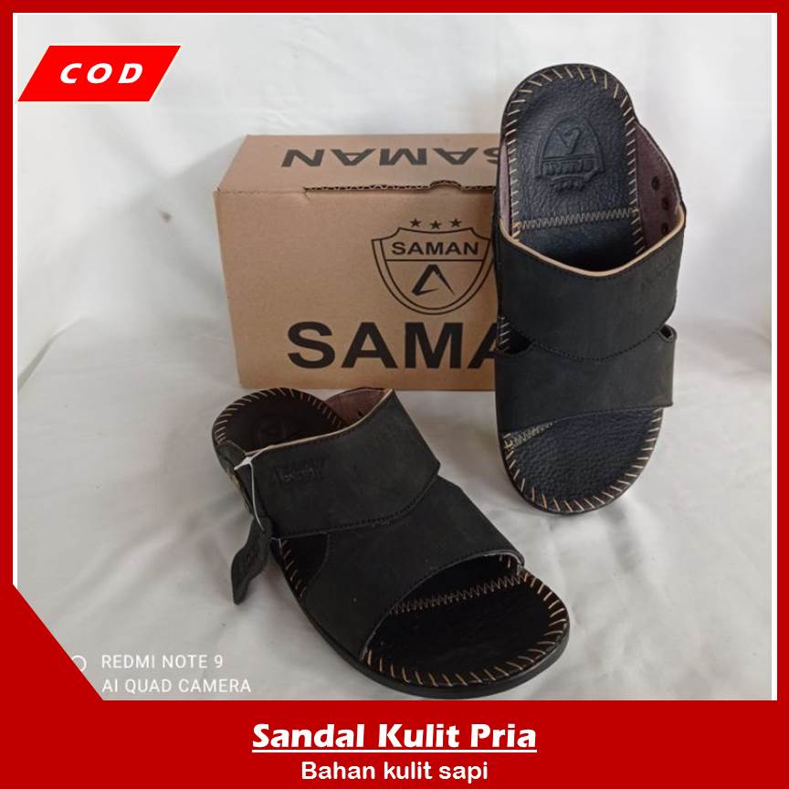 Saman Sendal Pria Selop Dubai Sandal Kulit Cowok Premium Trendy Kualitas Import Original - Coklat