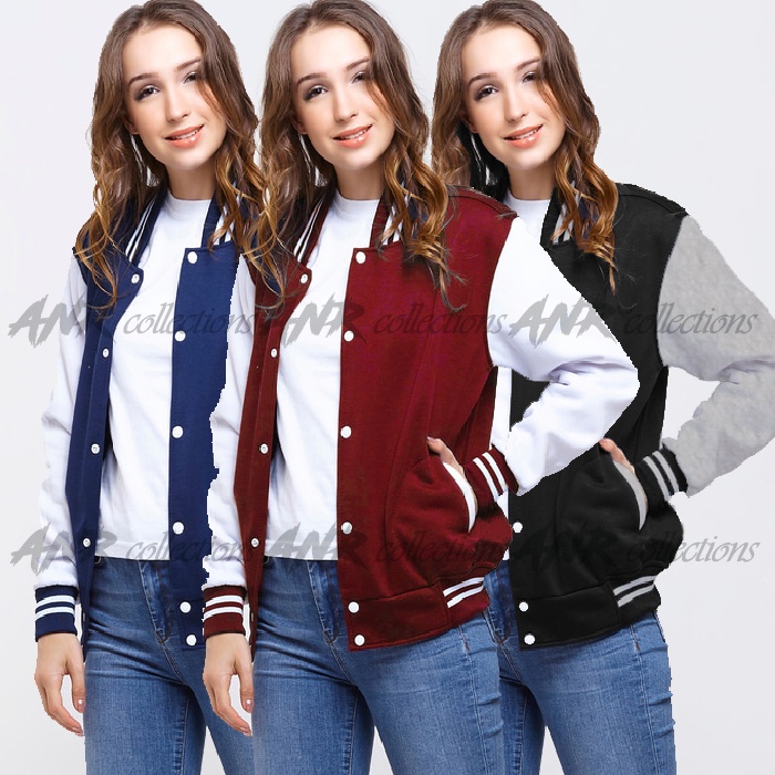 Jaket Baseball Milea Dilan Varsity Kancing Wanita Bahan Fleece