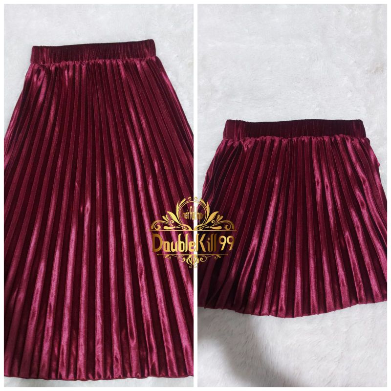 GROSIR ROK IMPORT / ROK 7/8 PLISKET BLUDRU VELVET PREMIUM  GLOSSY-7/8 MARUN GLOSSY