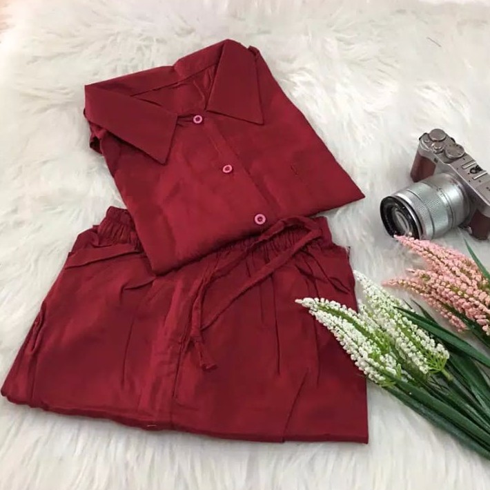 Setelan Piyama Polos Lengan Panjang Wanita Kekinian Bahan Rayon Premium-3