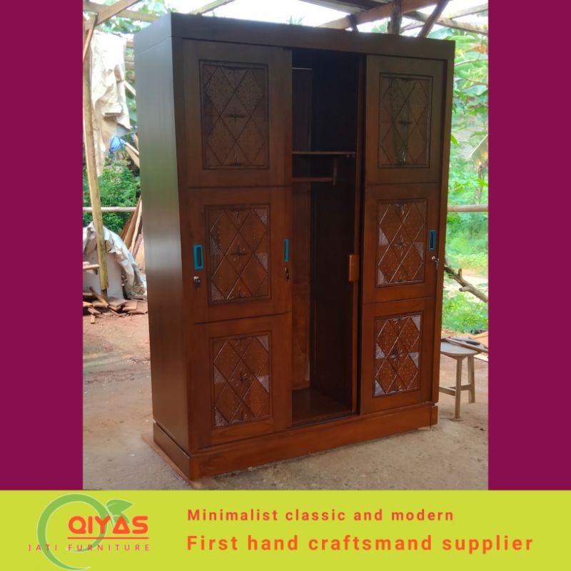 lemari pakaian minimalis 3 pintu sleeding sliding door kayu jati