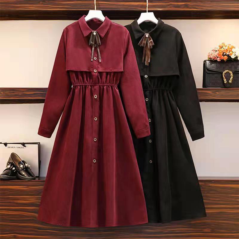 Large women's dress 2022 spring and autumn new fat sister Retro High Waist thin bow long sleeve midd