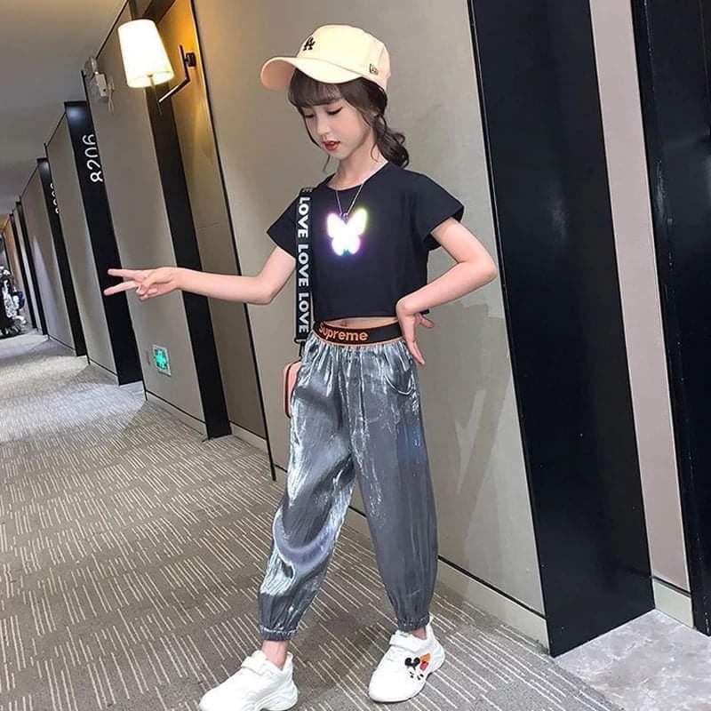 Baju Setelan Crop Top Anak Perempuan Hologram Butterfly