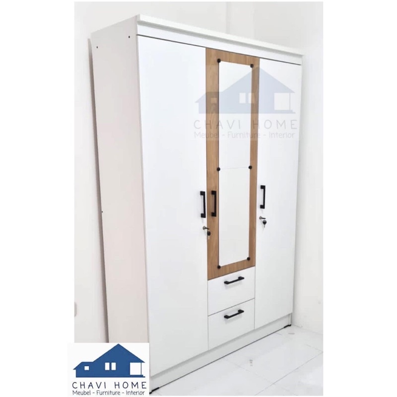 Lemari baju lemari pakaian portable 3 pintu putih kombinasi gamis murah meriah